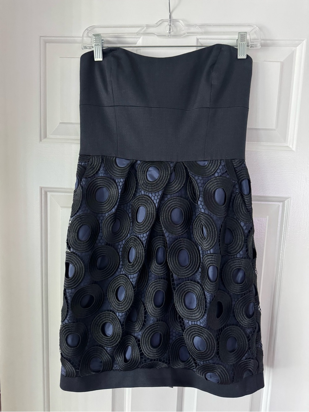 Strapless Navy Blue Cocktail Dress with Textured Circle Skirt